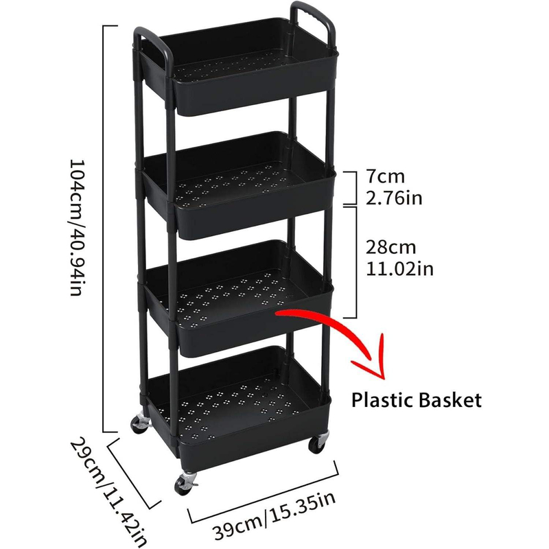 Plastic Rolling Storage Cart With Handle, Mobile Organizer For Home Office Kitchen