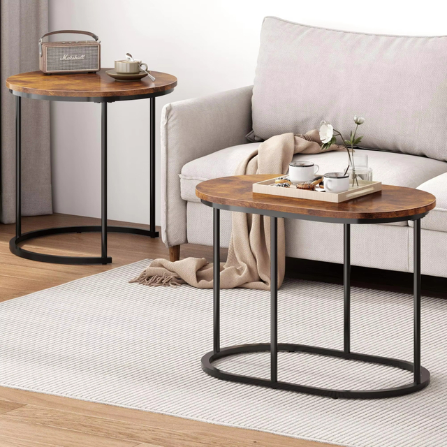 Industrial Oval Nesting Tables Rustic Wooden Top Black Metal Frame Side Tables 分享