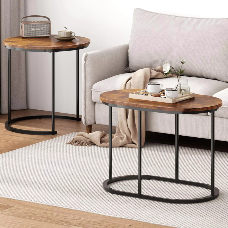 Industrial Oval Nesting Tables Rustic Wooden Top Black Metal Frame Side Tables 分享