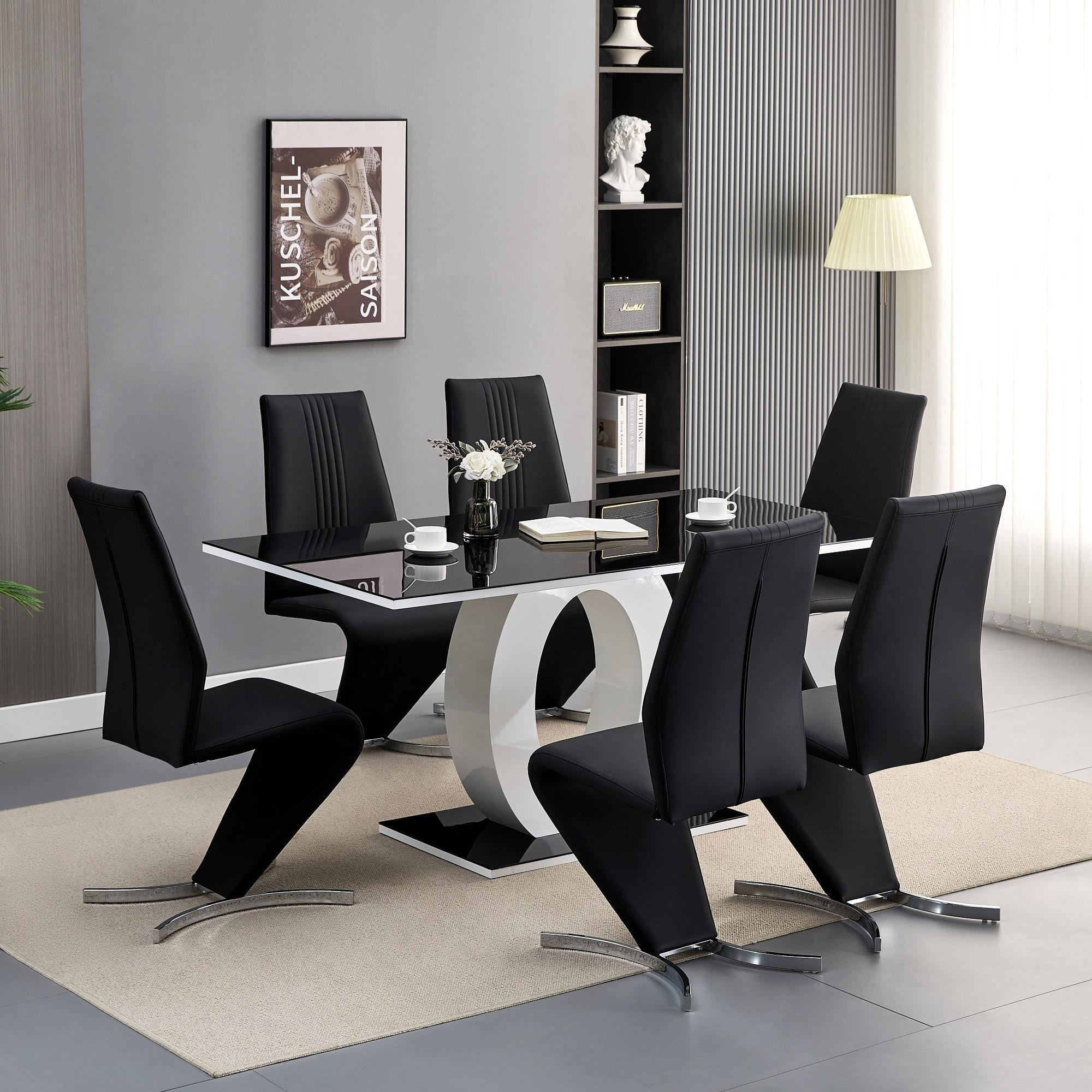 Luxury Painted Tempered Glass Dining Table Set 6 Chairs