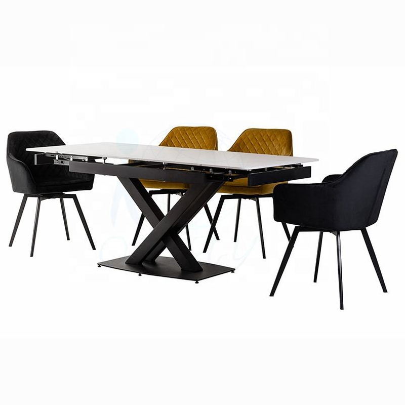 Italian Minimalist Modern Marble Ceramic Dining Table Black Powder Coated Extendable