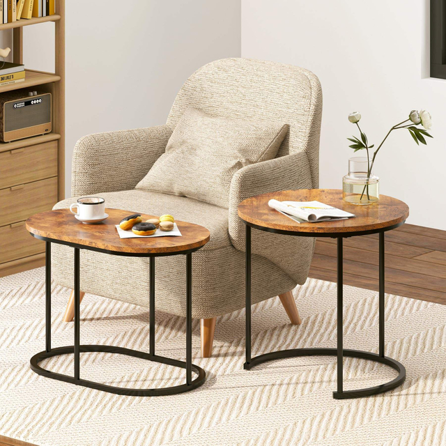 Industrial Oval Nesting Tables Rustic Wooden Top Black Metal Frame Side Tables 分享