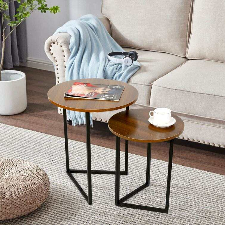 Solid Wood Top Nesting Side Table Stainless Steel Round Coffee Table Sofa Tray Storage