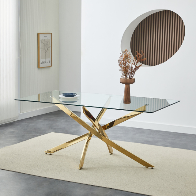 Modern Rectangular Tempered Glass Dining Table Set Gold Legs For Home Hotel
