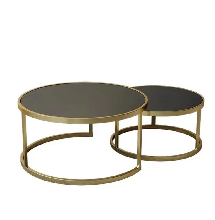 Metal Nesting Tables Black Glass Top Round Sofa Side Tempered Glass Coffee Table