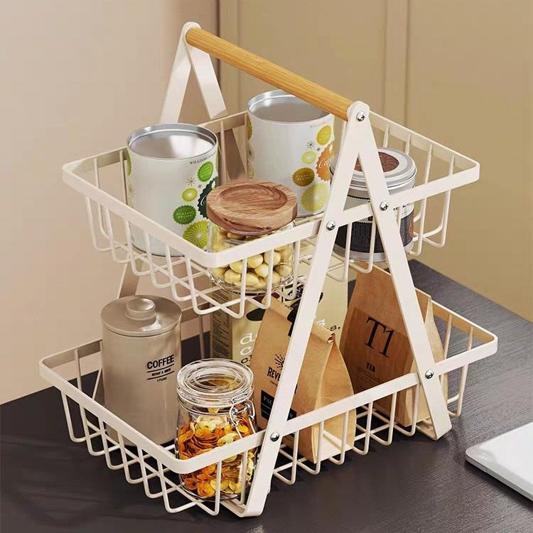 2-Tier Metal Modern Multi-Functional Snack Storage Basket Wall Mount Desktop Fruit Vegetable Organizer