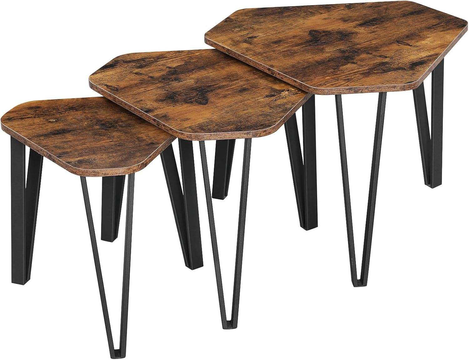 Industrial Rustic Brown Black Nesting Coffee Table Set Sturdy Easy Assembly For Living Room Vanity 3PCS 分享