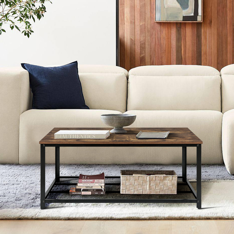 Industrial 2-Tier Coffee Table with Mesh Shelf for Living Room