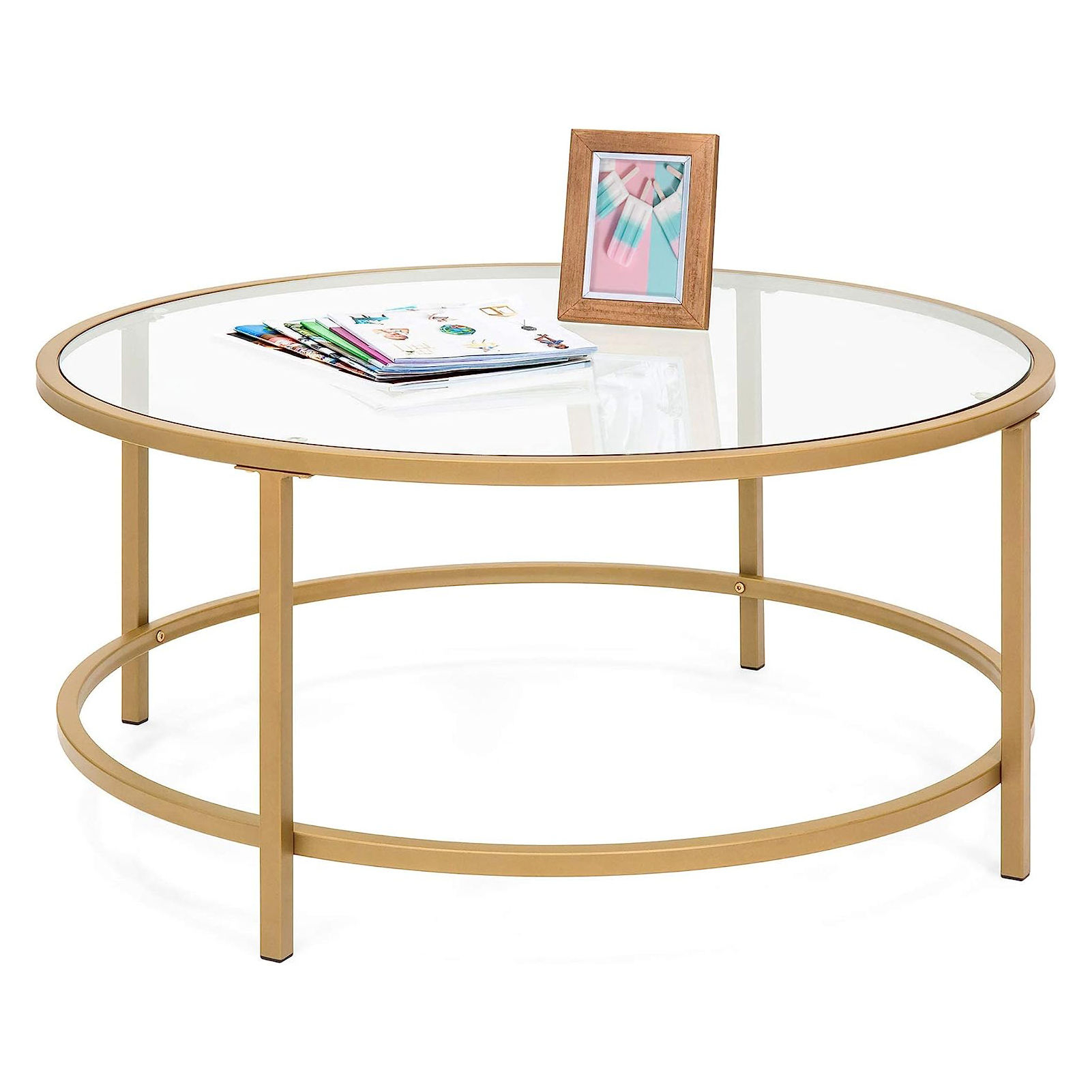 Modern Round Tempered Glass Accent Side Coffee Table Satin Metal Frame Living Room Decor