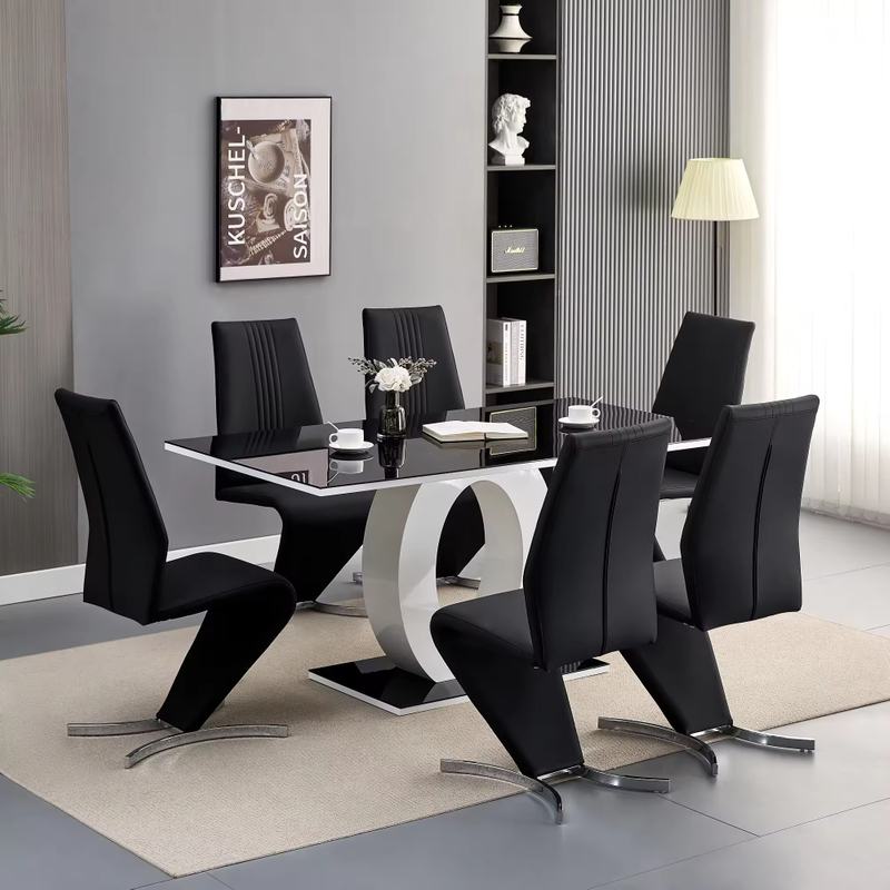 Luxury Painted Tempered Glass Rectangular Dining Table Set 6 Chairs