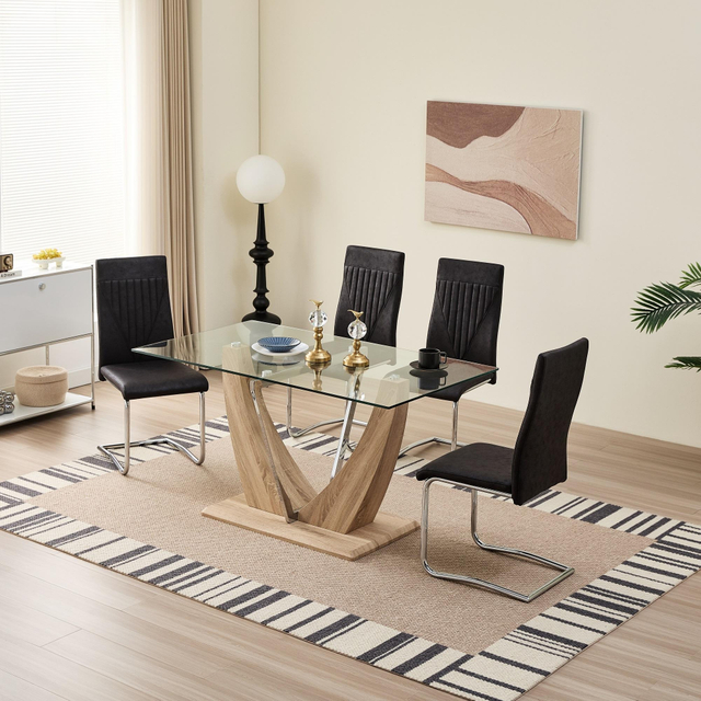 Modern Luxury Rectangular Tempered Glass Dining Table V-Shape Wood Legs