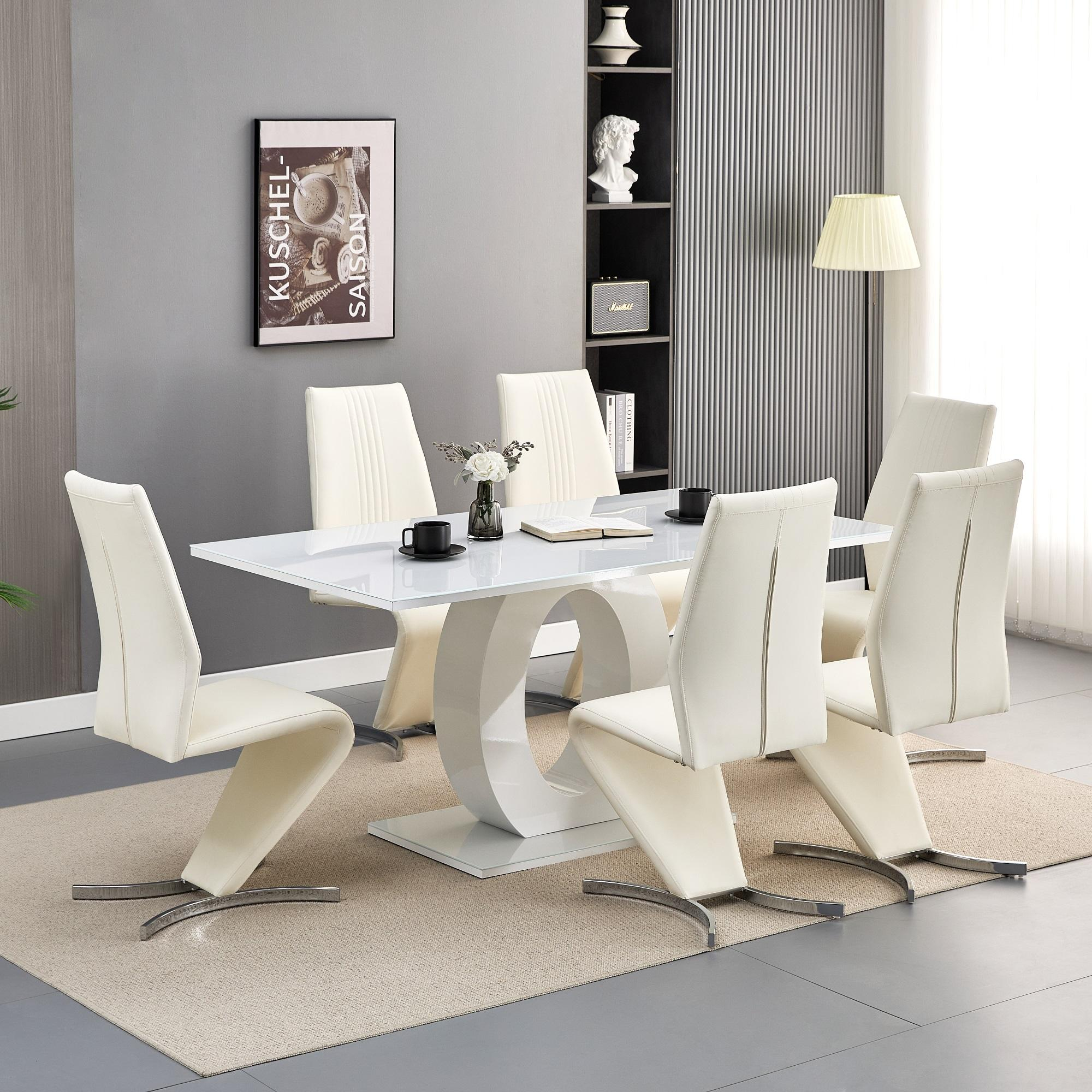 Luxury Painted Tempered Glass Dining Table Set 6 Chairs