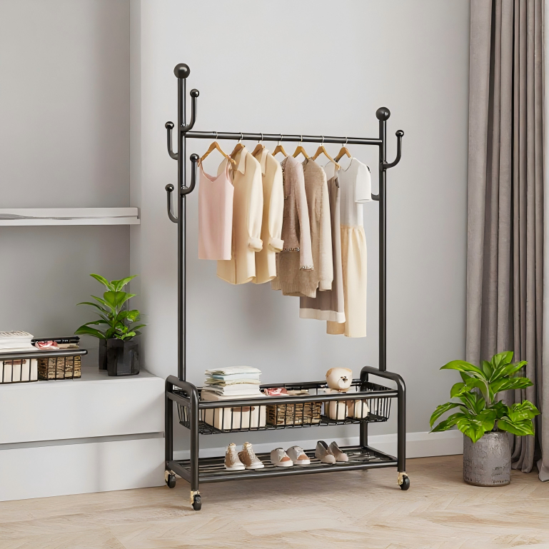 Customizable Single Rod Metal Clothing Rack With Storage Basket For Bedroom Shoe & Clothes Organizer