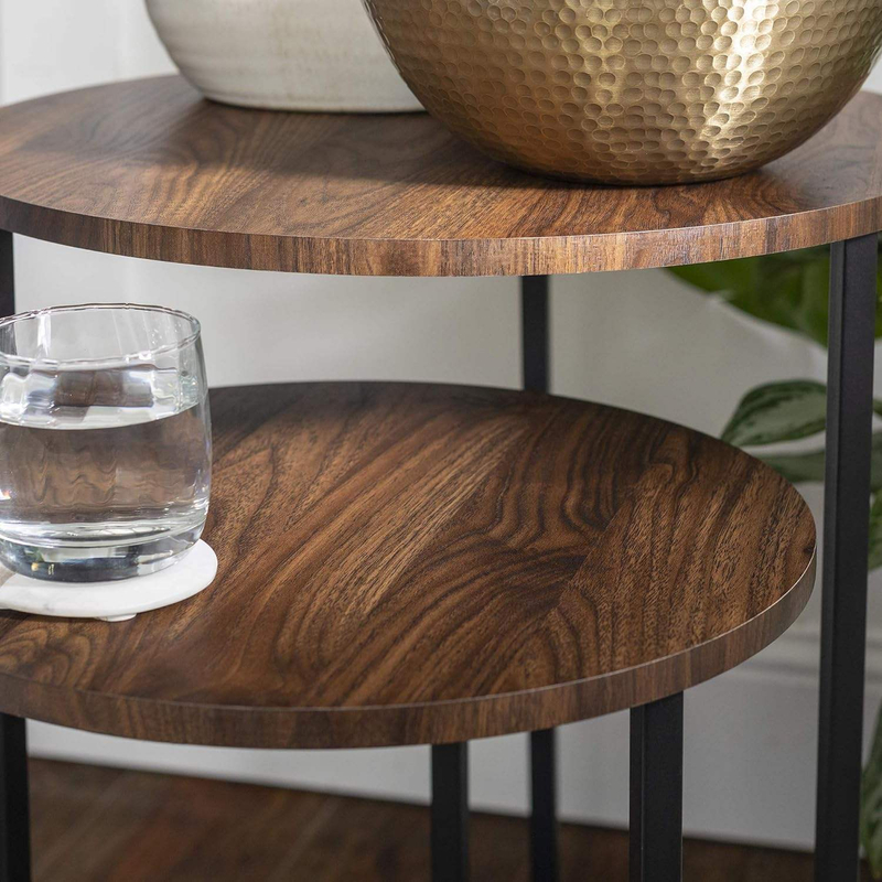 Dark Walnut Nesting Coffee Table Set Round Metal Base Storage Side Table 2-Piece 分享