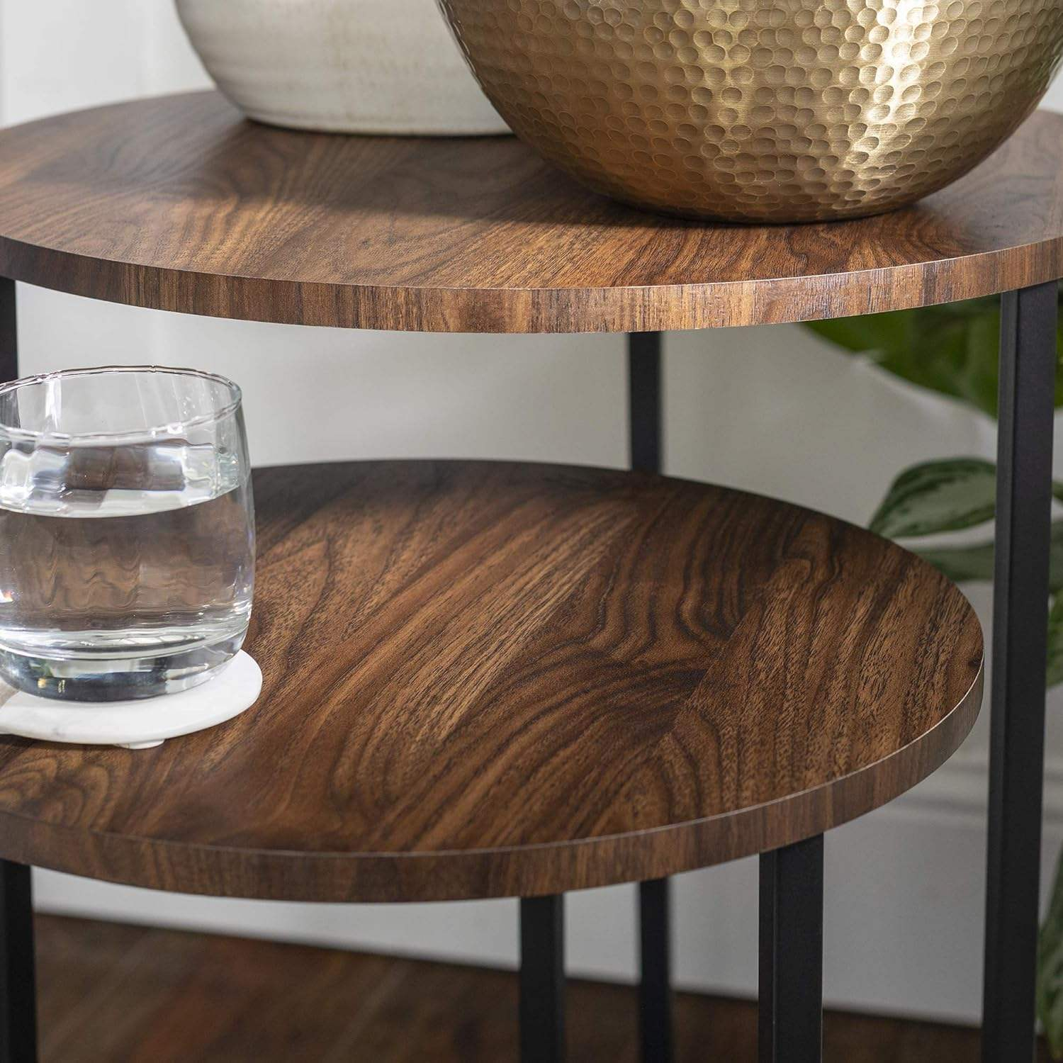Dark Walnut Nesting Coffee Table Set Round Metal Base Storage Side Table 2-Piece 分享