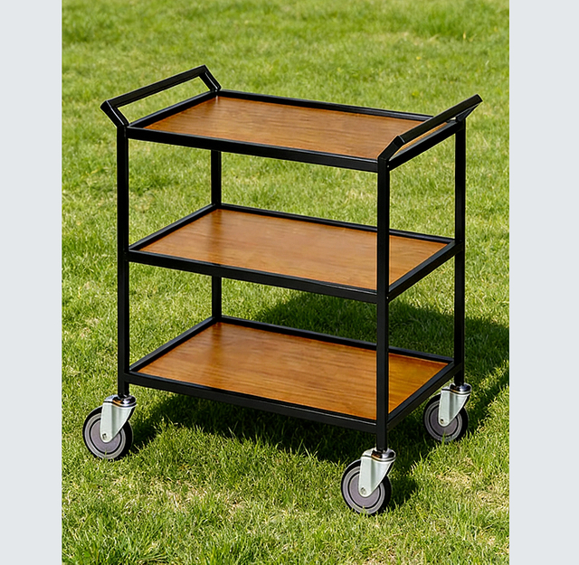 Mid-Century Rolling Side Table 3-Tier Mobile Console Cart Metal Frame for Living Room
