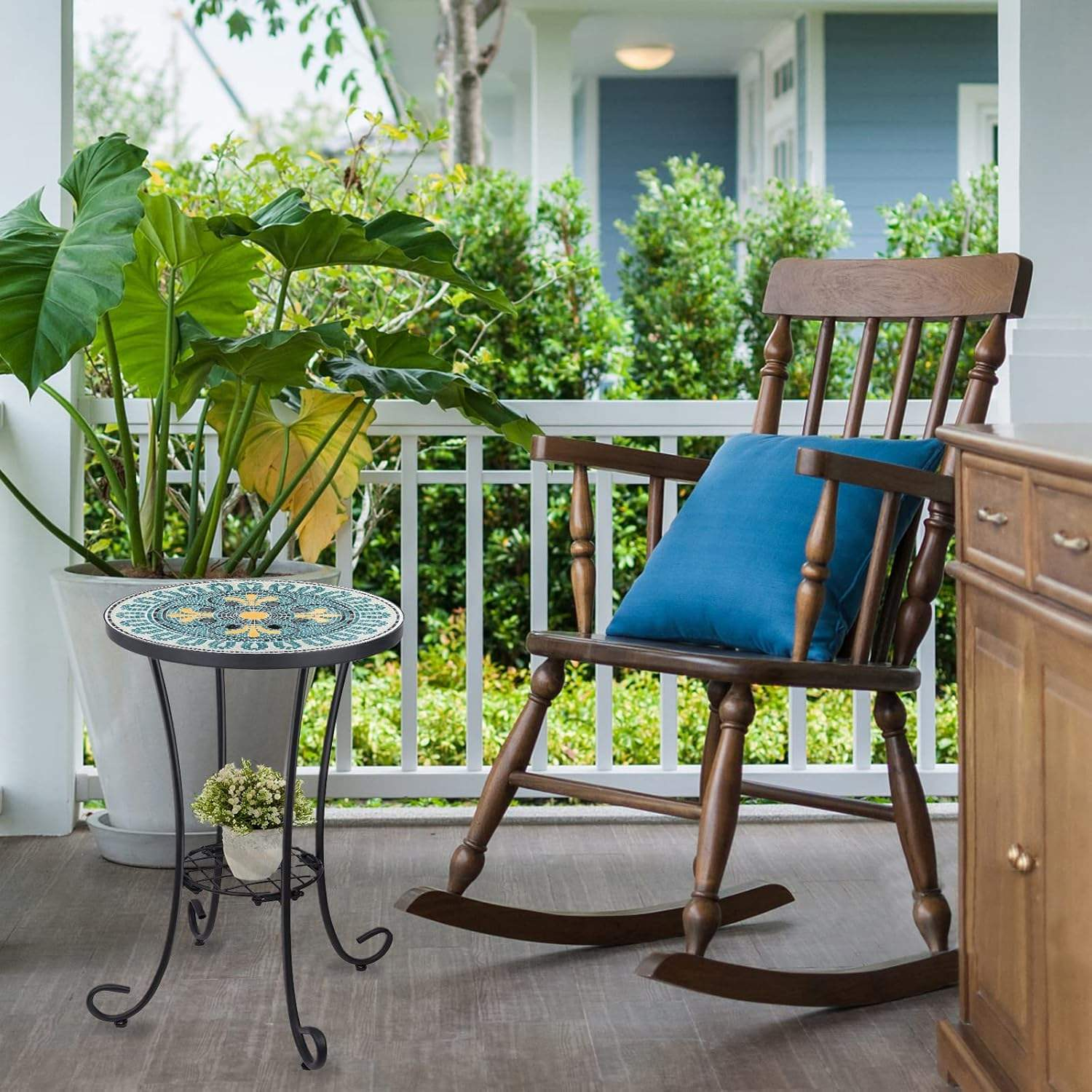 Art Deco Mosaic Pattern Eco-Friendly Handmade Dining Table Durable Metal Legs Bright Tile Top Indoor Corner Decor