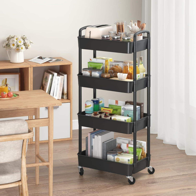 Plastic Rolling Storage Cart With Handle, Mobile Organizer For Home Office Kitchen