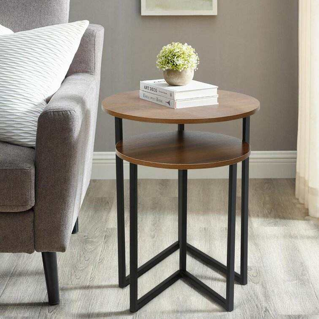Solid Wood Top Nesting Side Table Stainless Steel Round Coffee Table Sofa Tray Storage