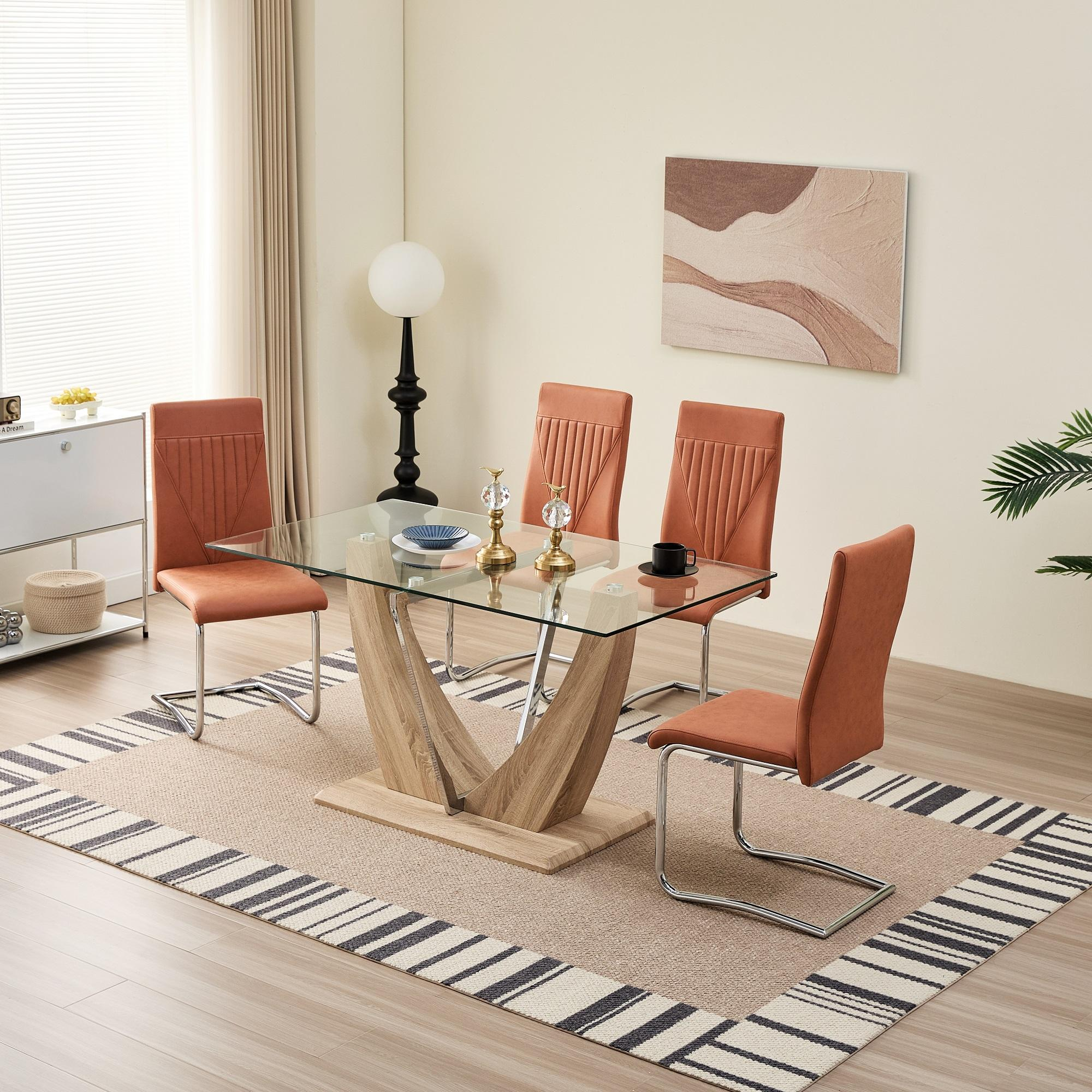 Modern Luxury Rectangular Tempered Glass Dining Table V-Shape Wood Legs