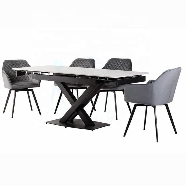 Italian Minimalist Modern Marble Ceramic Dining Table Black Powder Coated Extendable