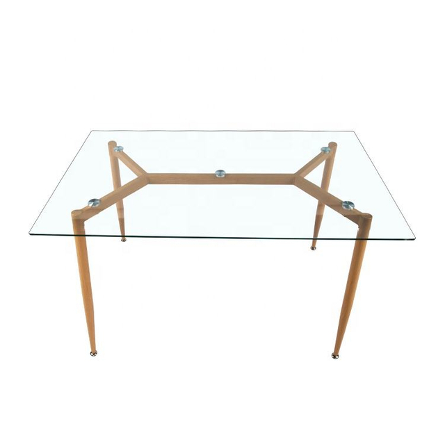 Commercial Glass Rectangular Dining Table Beech Wood Legs Restaurant Table Chair Set Factory Wholesale