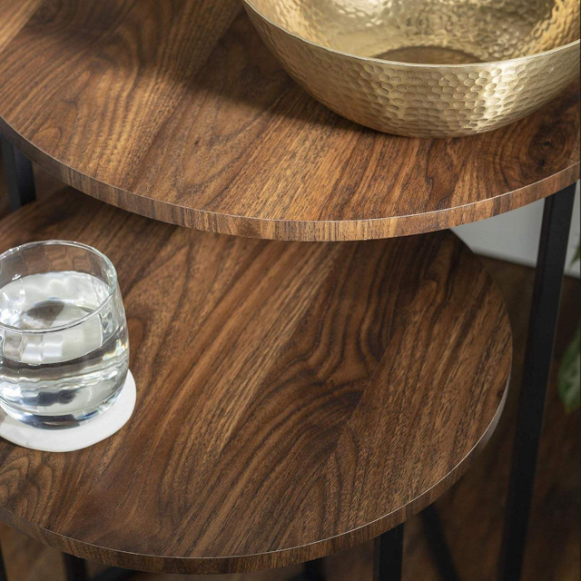 Dark Walnut Nesting Coffee Table Set Round Metal Base Storage Side Table 2-Piece 分享