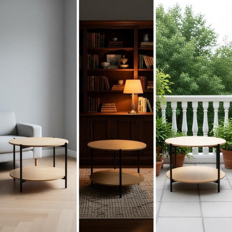 Modern Simple 2-Tier Round Coffee Table Black Metal Frame Storage For Home