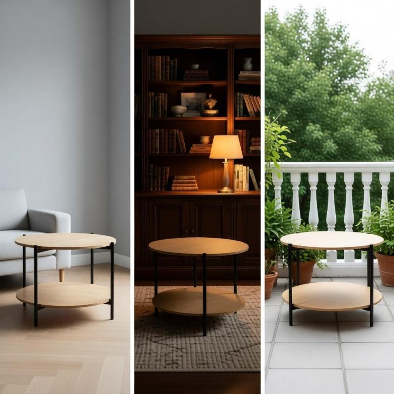 Modern Simple 2-Tier Round Coffee Table Black Metal Frame Storage For Home