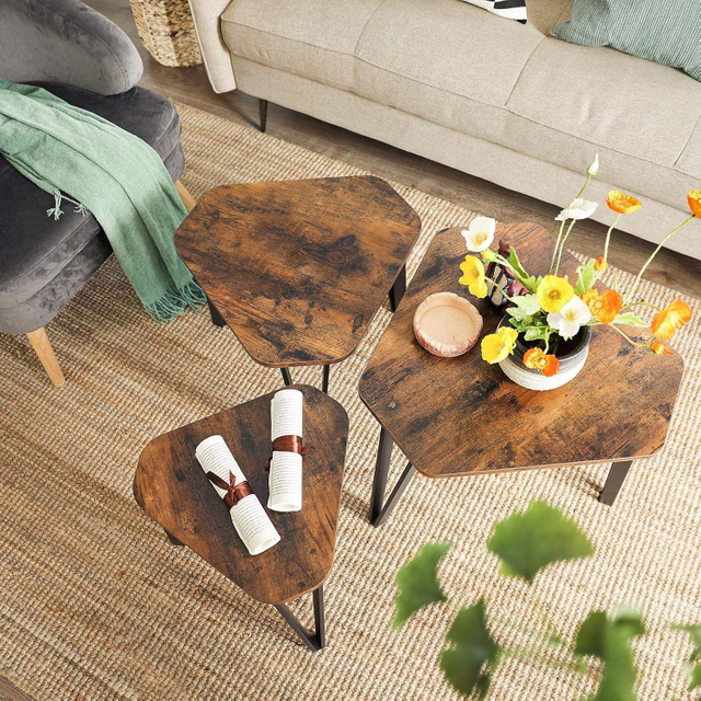 Industrial Rustic Brown Black Nesting Coffee Table Set Sturdy Easy Assembly For Living Room Vanity 3PCS 分享
