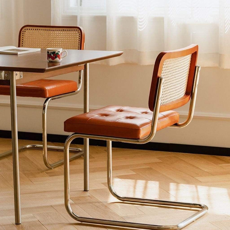 Modern Waterproof Dining Chair with Leather Cushion and Rattan Metal Backrest