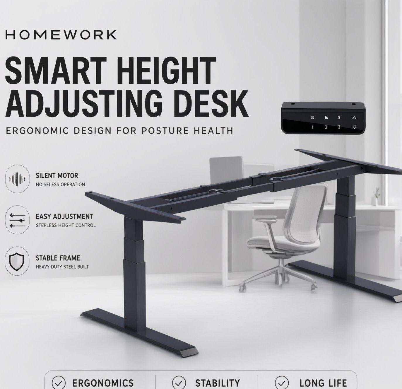 3-Stage Dual-Motor Adjustable Desk Frame with Memory Control Panel