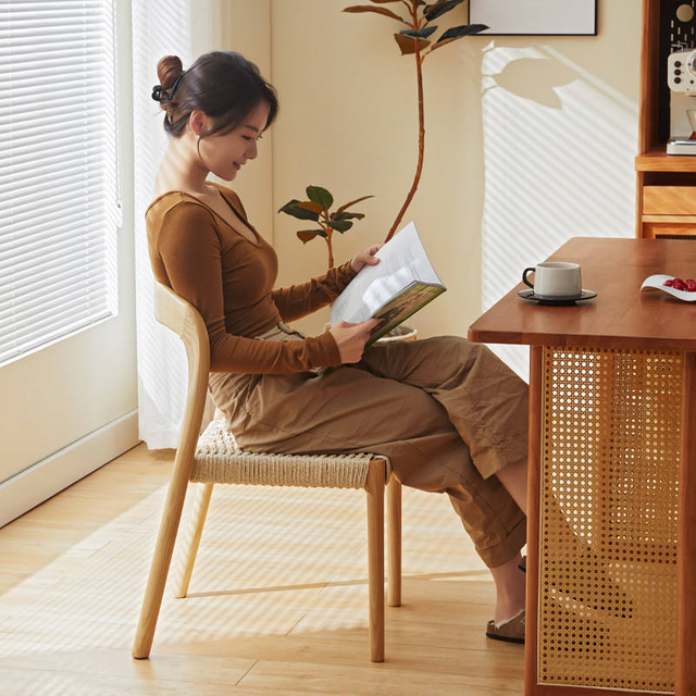 Cherry Wood Dining Chair with Hemp Rope Backrest and Stackable Design