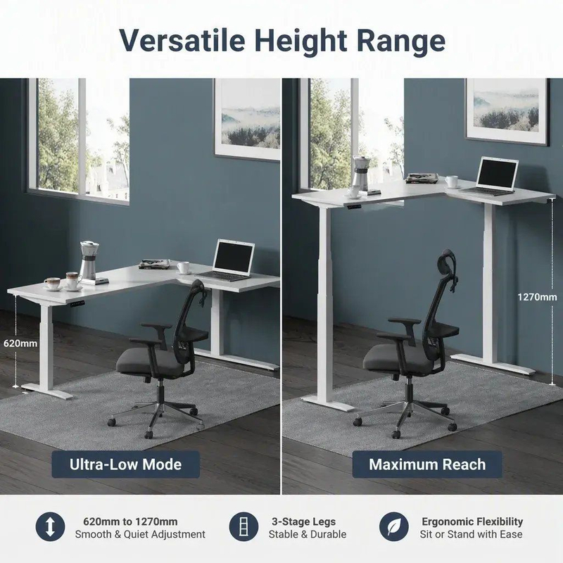 Dual-Motor Three-Stage Electric L-Shaped Desk Frame with Standard Mounting for Office Use
