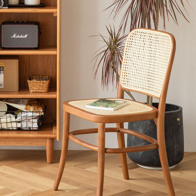 Nordic Modern Solid Wood Chair with Woven Rattan Back and Waterproof Fabric