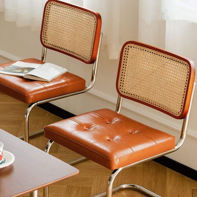 Modern Waterproof Dining Chair with Leather Cushion and Rattan Metal Backrest