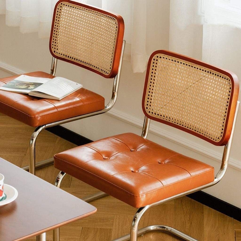 Modern Waterproof Dining Chair with Leather Cushion and Rattan Metal Backrest