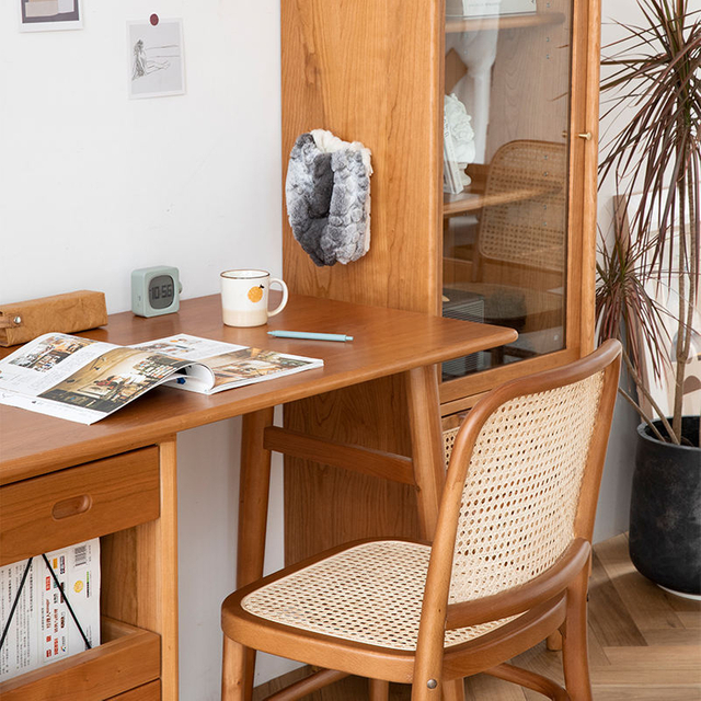 Nordic Modern Solid Wood Chair with Woven Rattan Back and Waterproof Fabric