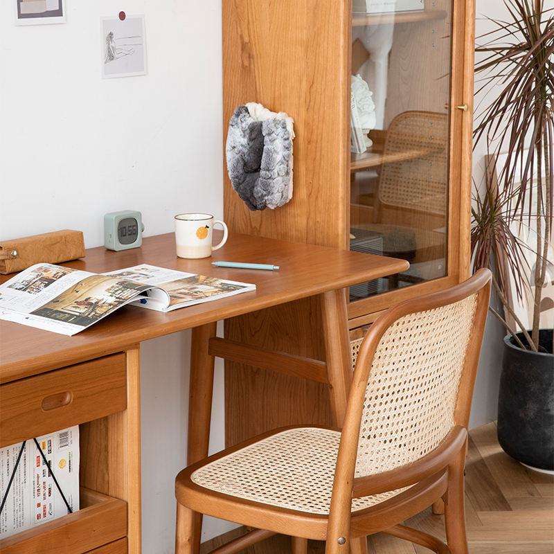 Nordic Modern Solid Wood Chair with Woven Rattan Back and Waterproof Fabric