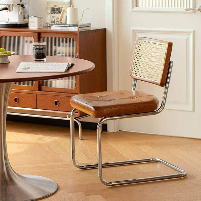 Modern Waterproof Dining Chair with Leather Cushion and Rattan Metal Backrest